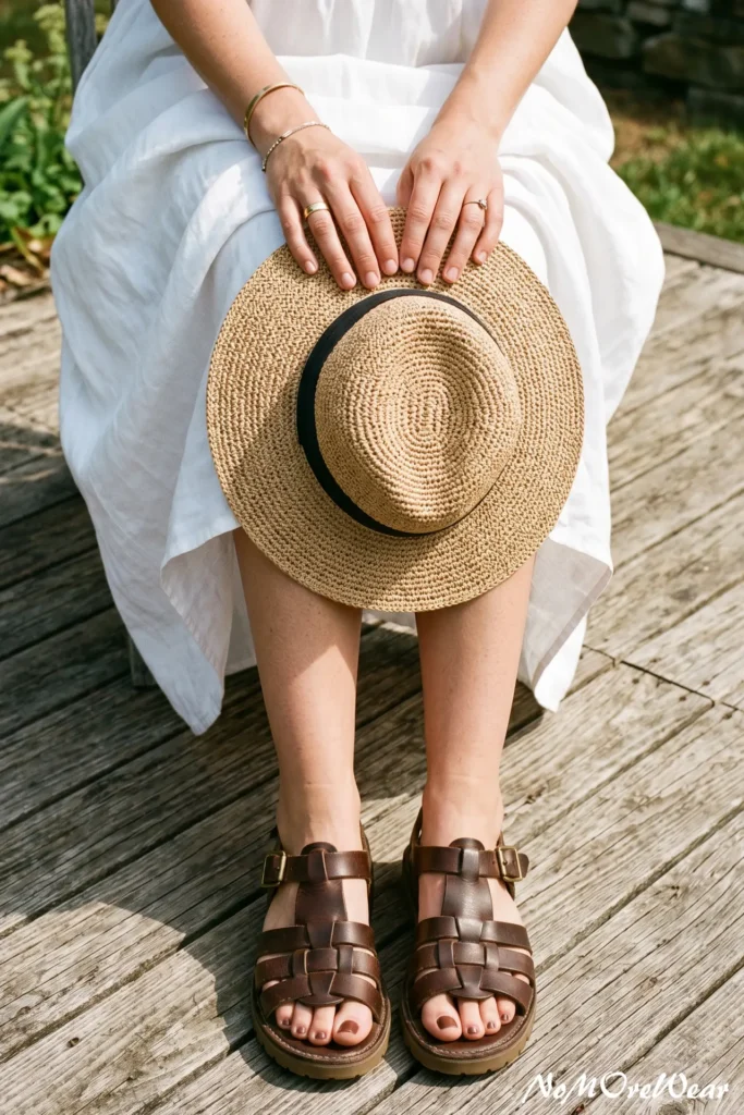 Top-down view of a woman holding a straw hat over a white sundress with chunky brown leather fisherman sandals, completing casual summer outfits for women.