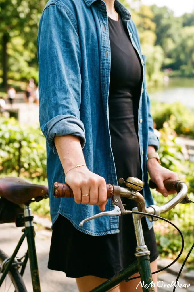 Close-up of a woman's hands on bicycle handlebars wearing a black athletic dress and an unbuttoned denim shirt for casual summer outfits for women.