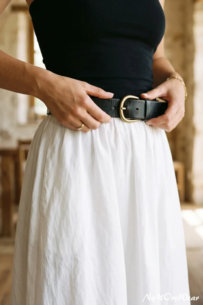 Minimalist shot of a woman adjusting a black leather belt with a white cotton maxi skirt and tube top, illustrating casual summer outfits for women.