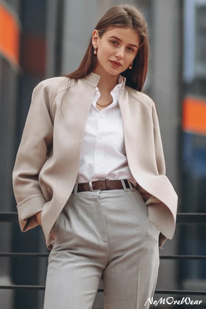 A woman modeling a sophisticated street style aesthetic featuring an oversized beige light jacket layered over a crisp white button-down shirt and grey high-waisted tailored trousers with a brown leather belt.