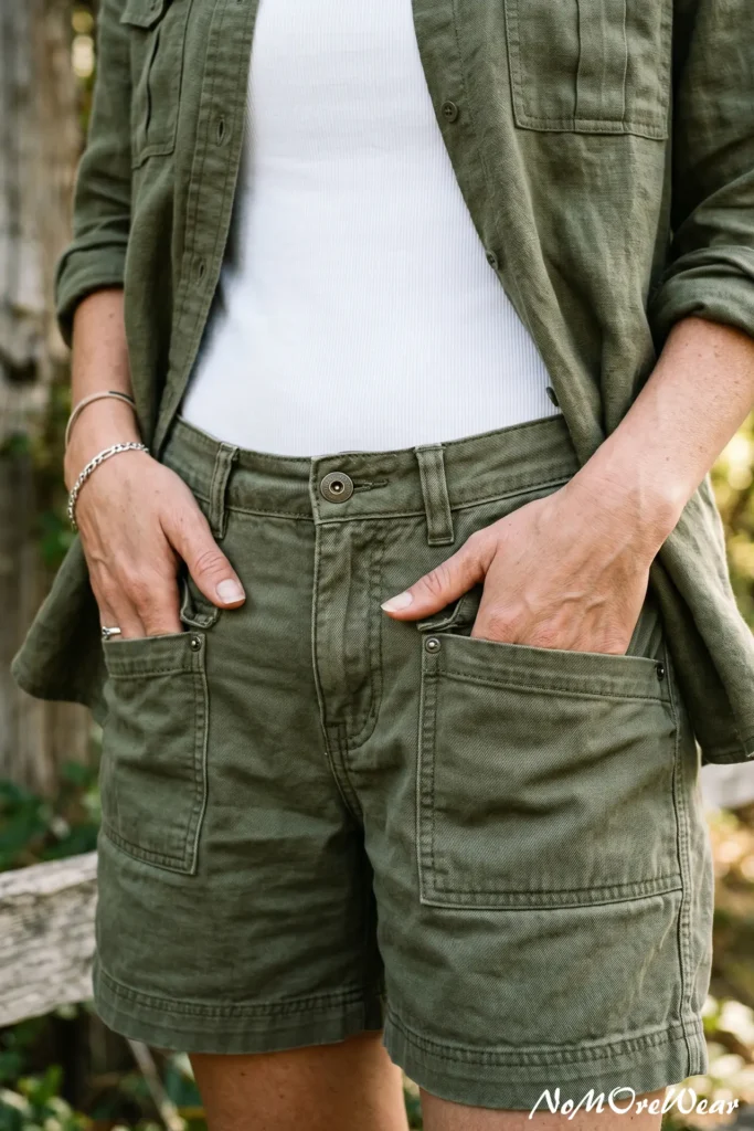 Close-up of a woman's hands in olive green cargo shorts with a matching utility linen button-down shirt, styling casual summer outfits for women.