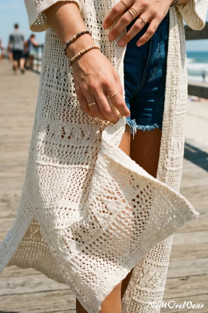 Close-up of a woman's hands catching a breezy cream crochet knit duster cardigan over denim shorts, perfect for casual summer outfits for women.