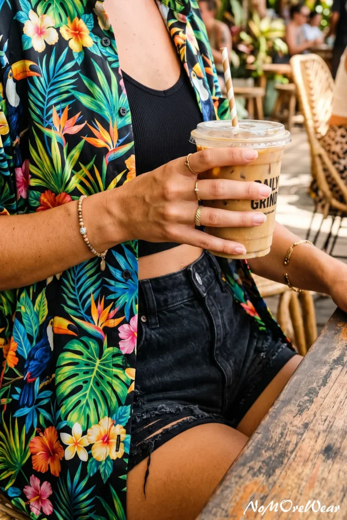 Close-up of a woman holding an iced coffee while wearing a vibrant tropical print button-down shirt open over a black crop top, representing casual summer outfits for women.