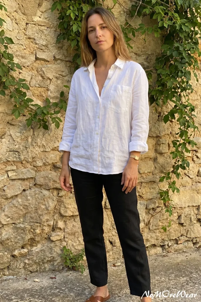 A close-up photograph focusing on a woman's hands lightly adjusting the cuffs of an oversized, relaxed white linen button-down shirt. Her hands are clean with a minimalist manicure, and she is wearing a simple gold vintage watch. The background shows a hint of a sun-drenched stone wall.European Summer Outfits