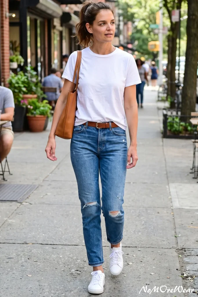 Katie Holmes walking on a city sidewalk demonstrating the "sandwich rule" for outfit balance. She wears a white t-shirt paired with blue distressed jeans and white sneakers, with a tan leather belt and matching tan tote bag as the "filling" of the sandwich.