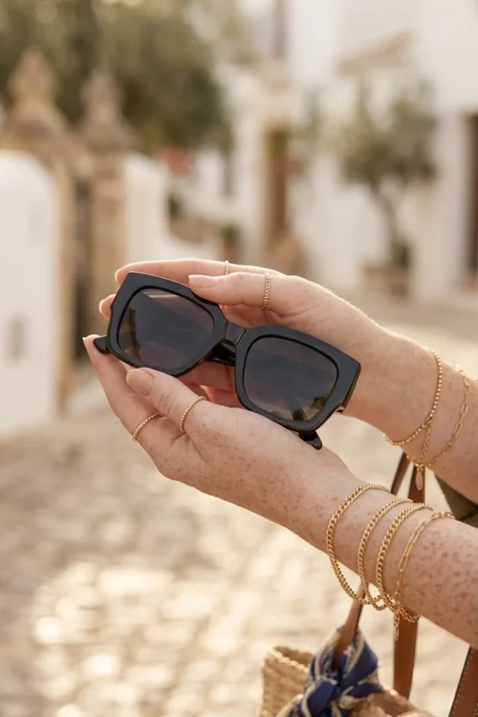 An aesthetic close-up shot of a woman's hands holding a pair of dramatic, thick-framed black square sunglasses. Her wrists and fingers are styled with layered, dainty gold chain bracelets and thin rings, catching the bright Mediterranean sunlight. 