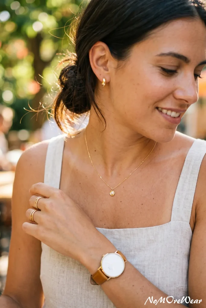 A professional close-up fashion lifestyle photograph focusing on a smiling brunette woman showcasing minimalist jewelry outdoors in soft afternoon sunlight. She is wearing a delicate gold chain necklace with a small, round bezel-set pearl pendant, thick small gold hoop earrings, and stacked gold rings on her index and middle fingers, including a twisted rope band design. On her wrist, she wears a classic round watch with a white face and a tan leather strap. She is wearing a light cream or off-white linen square-neck sleeveless top or dress. The background shows a beautifully blurred, sun-dappled outdoor setting with green foliage. A clean white "NoMoreWear" watermark is placed neatly in the bottom right corner.