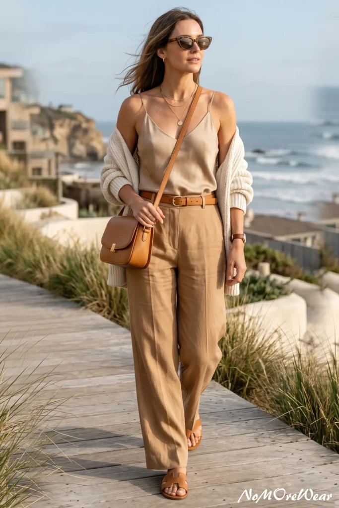 A professional full-body fashion lifestyle portrait of a woman walking confidently toward the camera on a sunlit wooden boardwalk overlooking a rugged California coast. She is wearing a monochromatic tonal outfit: a shimmering beige silk camisole tank top tucked into high-waisted, wide-leg tan linen trousers. An off-white knit cardigan is draped loosely over her shoulders. She is accessorized with tortoiseshell sunglasses, a layered gold coin necklace, a slim tan leather belt with a gold buckle, a brown-dial watch, and matching tan leather flat slide sandals. A structured tan leather saddlebag with a gold buckle is over her shoulder. The background features a winding coastline, crashing ocean waves, historic cliffside houses, and natural dune grasses. A clean "NoMoreWear" watermark is in the bottom right corner.