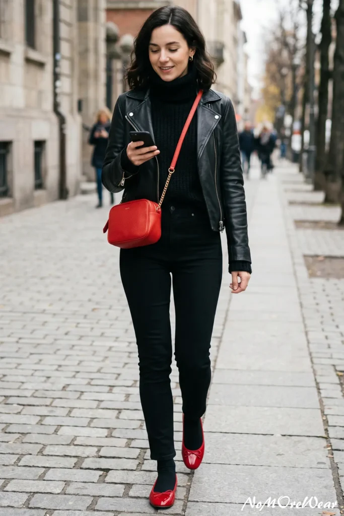 For your section on The Pop of Red for Instant Energy, here are a few alt text options for the image 2 The Pop of Red for Instant Energy.webp.

Option 1: SEO-Optimized (Recommended)
A woman walking on a city street wearing a monochromatic black outfit brightened by a "pop of red." She is dressed in a black turtleneck, black skinny jeans, and a black leather motorcycle jacket, accessorized with a vibrant red crossbody bag and matching red ballet flats.
