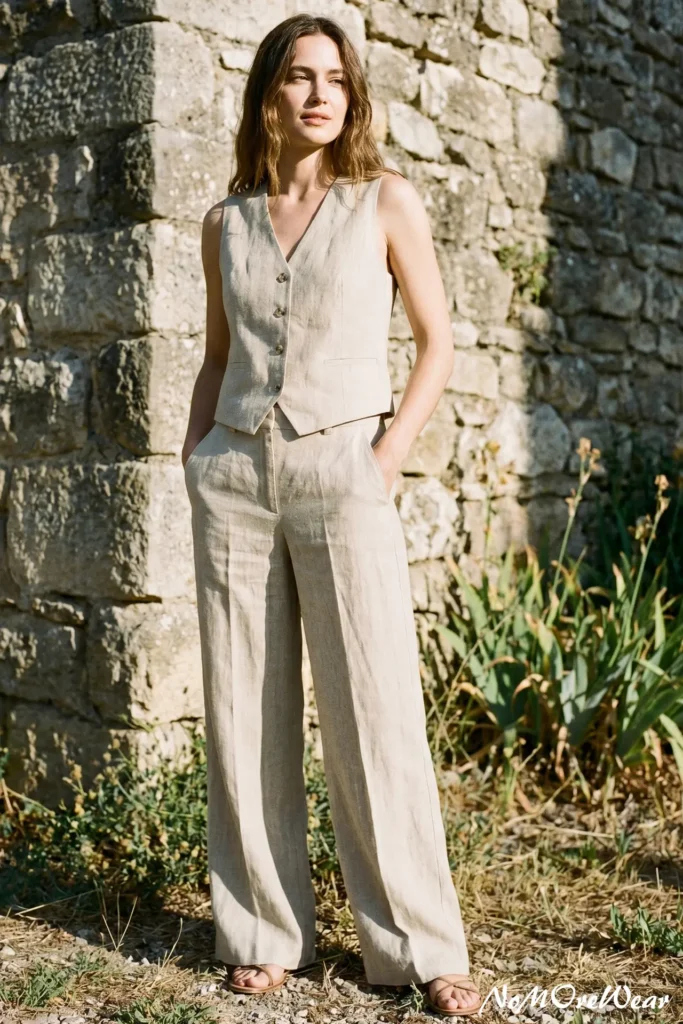 A minimalist close-up shot focusing on a woman's hands resting elegantly in the pockets of tailored, wide-leg beige linen trousers. The lower hem of a matching sleeveless linen vest is visible. Natural sunlight creates beautiful shadows on the high-quality fabric texture.