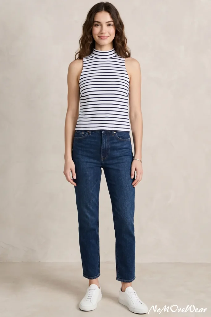 A studio fashion portrait of a smiling young woman with wavy brown hair showcasing a timeless, casual everyday outfit. She is wearing a sleeveless high-neck top with classic navy blue and white horizontal Breton stripes, tucked neatly into high-waisted, straight-leg dark wash denim jeans. On her feet, she is wearing clean, minimalist white leather low-top sneakers. She wears a single delicate silver chain bracelet on her wrist. The background is a clean, minimalist off-white textured plaster wall, creating a bright and airy aesthetic. A clean white "NoMoreWear" watermark is placed neatly in the bottom right corner.