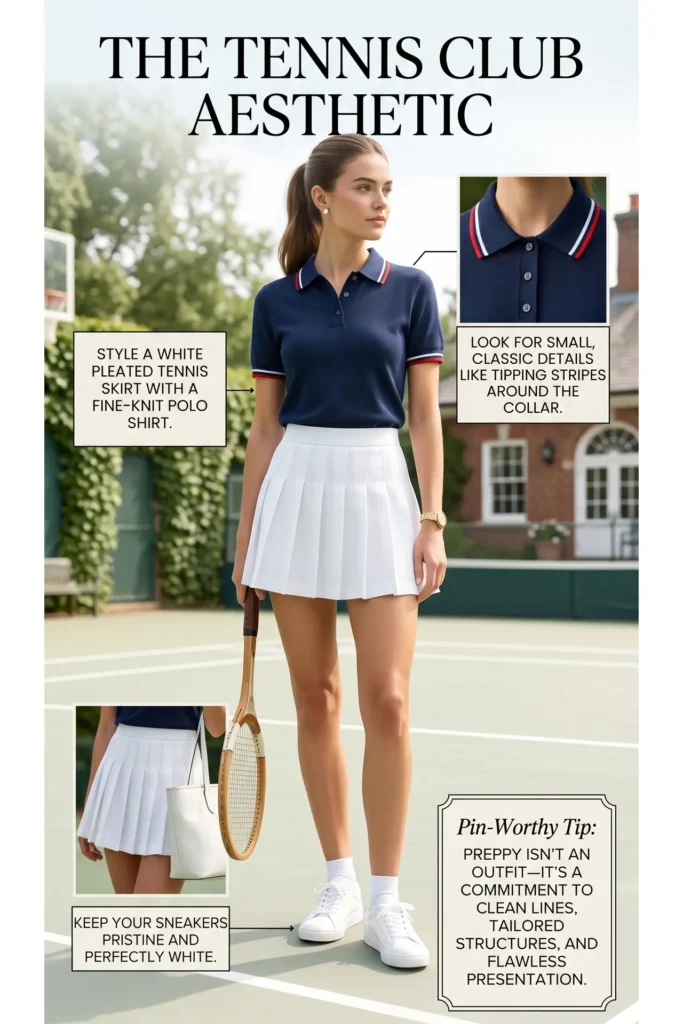 A professional infographic poster titled "THE TENNIS CLUB AESTHETIC" in elegant black serif font at the top. The central image shows a young woman with a sleek brown ponytail posing on a sunlit green tennis court. She is wearing a preppy chic outfit: a slim-fit navy blue polo shirt with red and white tipping stripes on the collar and cuffs, tucked neatly into a high-waisted white pleated mini tennis skirt. She holds a vintage wooden tennis racket and wears white crew socks with clean white leather low-top sneakers. Three breakout close-up boxes with pointing arrows highlight the outfit's details. Top right close-up: Focuses on the navy polo collar stripes. Middle left close-up: Focuses on the white pleated skirt waistline. Bottom left close-up: Focuses on the pristine white sneakers and a white leather tote bag. A vintage-framed text box in the bottom right corner features the heading "Pin-Worthy Tip" with style advice on maintaining clean lines and tailored structures.