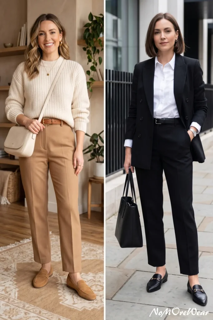 A side-by-side comparison illustrating a two-tone minimalist hack for professional summer outfits. The left side features a warm neutral look with a cream knit sweater, tan tailored trousers, and matching tan loafers. The right side shows a classic monochrome look with a black double-breasted blazer, a crisp white button-down shirt, black trousers, and black leather loafers.