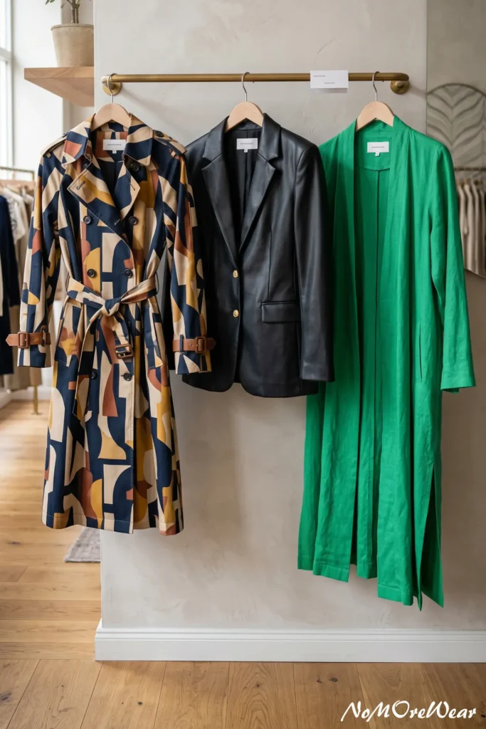 Three pieces of statement outerwear hanging on a gold rack in a boutique: a geometric pattern trench coat in navy and tan, a structured black leather blazer, and a long, vibrant green linen duster. These pieces illustrate how to elevate simple summer outfits with a bold third layer.