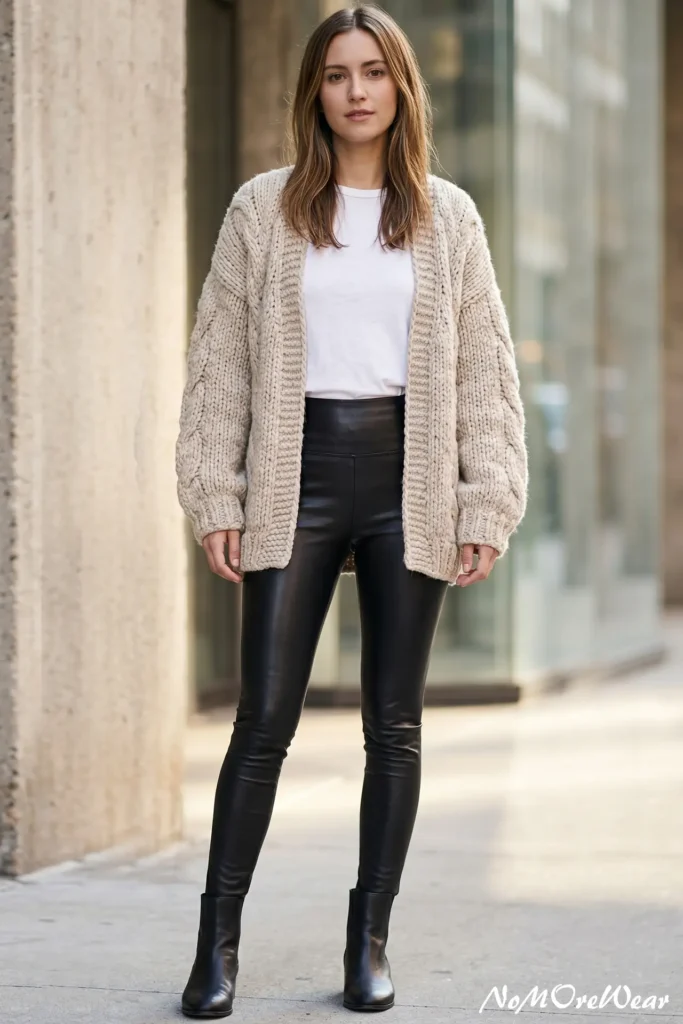 A woman standing on a city sidewalk wearing a cozy cream cable-knit cardigan over a white t-shirt and high-waisted black leather leggings. This outfit demonstrates how to style oversized knitwear with sleek, fitted bottoms for a balanced cool-weather look.