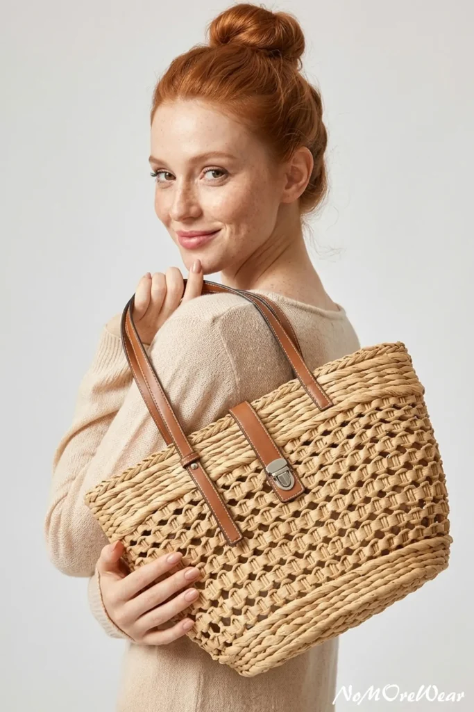 A detailed photograph focusing on a woman's hands carrying a large, structured woven raffia tote bag with high-quality brown leather handles. Her fingers are neatly manicured. The background shows a soft-focus view of a sunlit outdoor cafe.