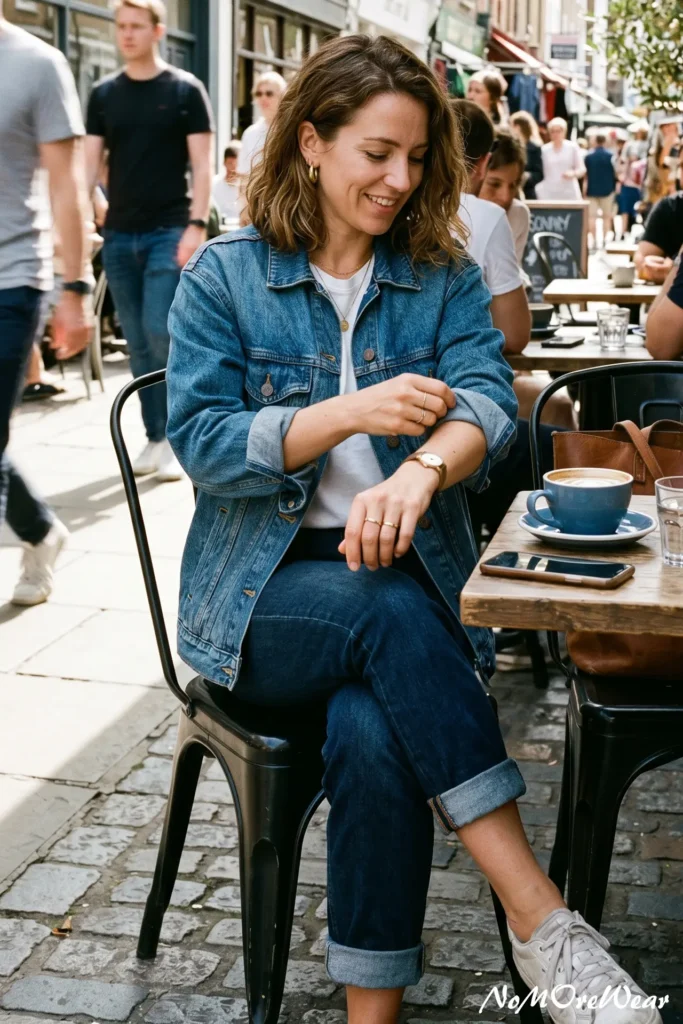A woman sitting at an outdoor cafe demonstrating how to mix textures for depth in a casual outfit. She is wearing a structured medium-wash denim jacket over a soft white cotton t-shirt and dark denim jeans, with the sleeves of the jacket and the hems of the jeans rolled up for a relaxed summer aesthetic.