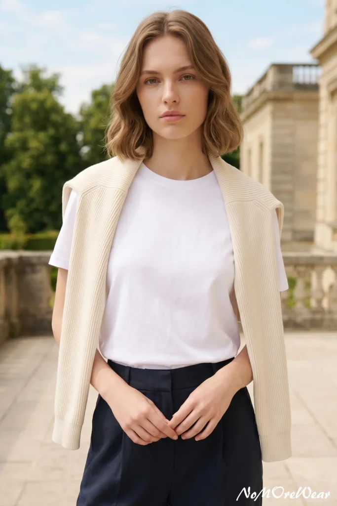 A professional medium close-up fashion portrait of a serene woman with a wavy light brown bob haircut standing outdoors on a sunlit stone terrace. She is demonstrating a classic preppy styling technique, wearing a pristine white crewneck t-shirt tucked neatly into structured high-waisted dark navy blue trousers. An off-white ribbed knit sweater is draped loosely and symmetrically over her shoulders, with the sleeves hanging straight down the front. The background features a softly blurred luxury stone estate building and lush green trees under a bright sky. A clean white "NoMoreWear" watermark is positioned perfectly in the bottom right corner.