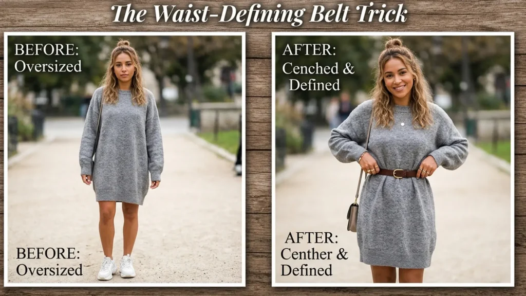 A "before and after" style comparison titled "The Waist-Defining Belt Trick". The left panel shows a woman in an oversized grey sweater dress and white sneakers. The right panel shows the same woman wearing a thin brown leather belt cinched at the waist, creating a more defined and intentional silhouette.