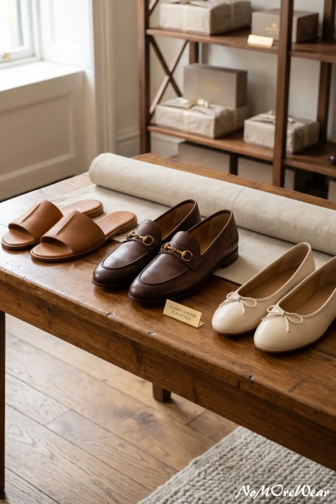 A professional product lifestyle photograph displaying three pairs of high-end minimalist women's flat leather shoes neatly arranged on a rustic wooden table in a boutique showroom. On the left are smooth tan leather flat slide sandals. In the center is a pair of classic dark brown leather loafers with elegant gold metal bit hardware buckles across the front. On the right are cream-colored leather ballet flats with delicate bow details. A tiny gold sign on the table reads "CLASSIC LEATHER FLAT STYLES". A rolled bolt of natural linen fabric lies behind the shoes. In the blurred background, a wooden shelving unit holds wrapped gift boxes. A clean white "NoMoreWear" watermark is featured in the bottom right corner.
