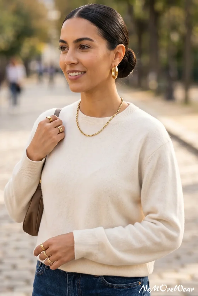 A close-up of a smiling woman demonstrating how to elevate a simple minimalist outfit with gold jewelry. She is wearing a cream crewneck sweater and dark-wash denim jeans, accessorized with chunky gold hoop earrings, a gold chain necklace, and several gold rings.