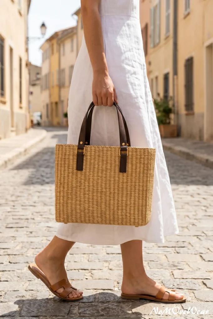 A professional close-up product lifestyle photograph focusing on a woman's hand holding a structured woven straw tote bag as she walks down a sunlit cobblestone city street. The rectangular handbag features a tight woven pattern, dark brown leather handles attached with gold metal rings, and tiny protective feet on the base. The woman is captured from the waist down, wearing a flowing, high-quality white linen dress or maxi skirt and classic tan leather flat slide sandals. The background shows a beautifully blurred European-style alley with soft yellow stucco buildings under bright daylight. A clean white "NoMoreWear" watermark is visible in the bottom right corner.