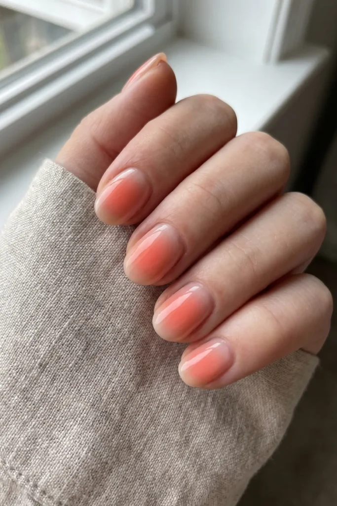A professional close-up macro photograph focusing on a well-manicured female hand resting gently, with the wrist partially covered by the ribbed sleeve of a cozy, textured heather-beige knit sweater. Her medium-short oval nails are styled with a viral blushing aura nail design, featuring a smooth, high-shine translucent base coat with a soft, blended gradient flush of coral-pink concentrated perfectly in the center of each nail plate. The glossy top coat catches the soft natural light from a nearby window, highlighting immaculate, clean cuticles and realistic skin texture. The overall composition embodies a minimalist, modern "clean girl" aesthetic, ideal for elegant everyday gel manicures, natural nail art inspiration, and delicate neutral style lookbooks.