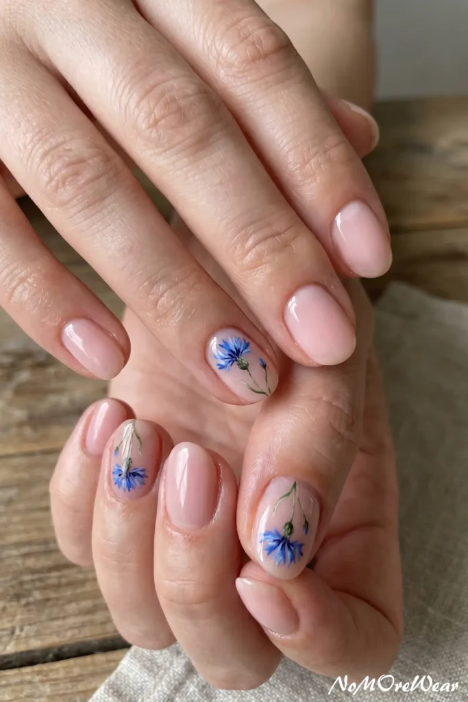 A professional close-up macro photograph showcasing a woman's elegantly manicured hands loosely clasped together over a warm, textured light-colored linen napkin and a rustic wooden surface. Her short, naturally rounded nails are painted with a glossy, sheer milky pink base coat that offers a incredibly clean and healthy finish. Select accent nails are beautifully decorated with intricate, hand-painted nail art featuring delicate blue cornflower blossoms on slender green stems with tiny buds. The high-shine top coat reflects soft natural light, highlighting the perfect cuticle care and realistic skin textures of the fingers. In the lower right corner, a subtle, elegant white cursive watermark reads "NoMoreWear". The entire look exemplifies a refined "clean girl" botanical beauty aesthetic, ideal for minimal floral nail art inspiration, spring or summer gel manicures, and elegant everyday bridal styling.