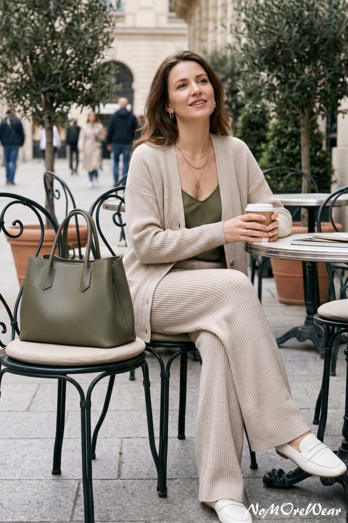 A woman sitting at an outdoor café, wearing a stylish and relaxed yet chic look featuring a matching oatmeal ribbed knit cardigan and wide-leg trousers, styled with an olive green camisole, a structured leather tote bag, and white loafers.Casual Women's Outfits