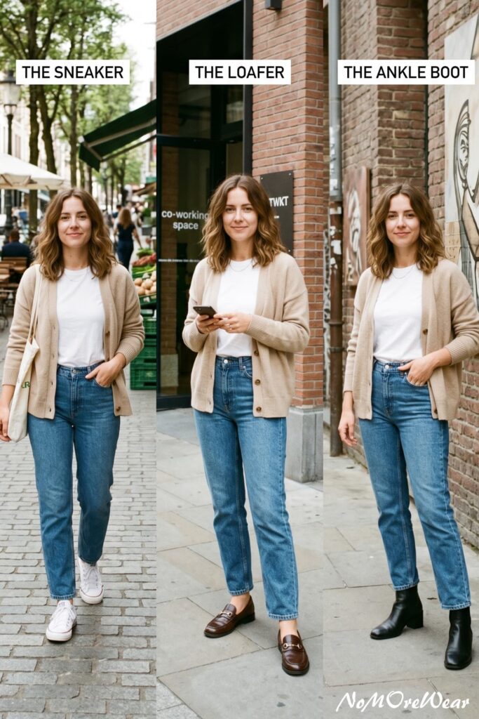 A three-panel comparison showing a woman in the same base outfit—a white t-shirt, blue jeans, and a tan cardigan—styled with three different shoes: white sneakers for a sporty look, brown leather loafers for a professional touch, and black ankle boots for a chic edgy vibe.
