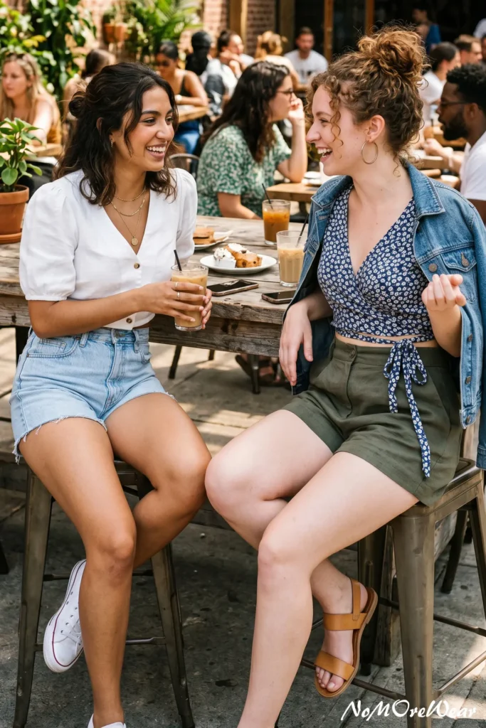 Two women laughing at an outdoor cafe wearing chic summer shorts outfits, including high-waisted olive green tailored shorts paired with a cropped floral blouse and a white linen top with denim shorts.
