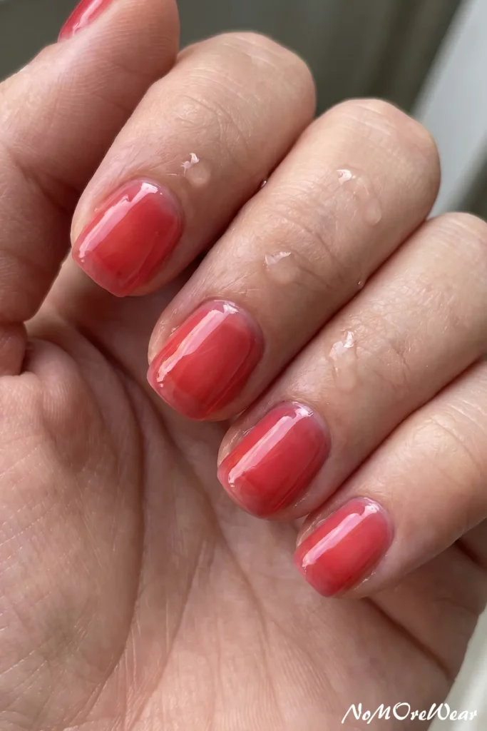 A professional close-up macro photograph focusing on a well-manicured female hand, showcasing short, neatly shaped square nails painted in a glossy strawberry red jelly nail polish. The translucent, syrup-like gel finish offers a juicy, high-shine appearance with a glass-like sheen. Tiny, realistic water droplets rest on the skin and around the knuckles, adding a fresh, dewy texture to the image. The clean composition highlights healthy, well-hydrated cuticles and fine skin detailing against a soft, neutral out-of-focus background. The lower right corner feature contains a subtle, stylized white cursive text watermark reading "NoMoreWear". The overall look encapsulates a modern "clean girl" summer beauty aesthetic, perfect for everyday minimal manicure ideas and viral Korean-style jelly nail trends.