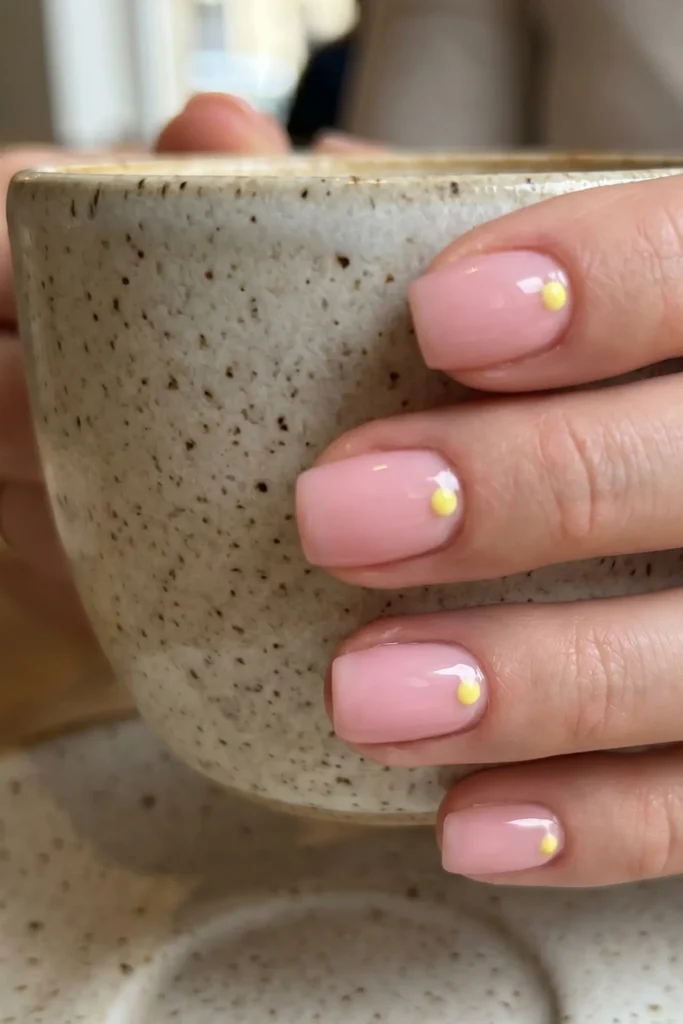 A professional close-up macro photograph focusing on a well-manicured female hand wrapped gently around a rustic, speckled ceramic coffee mug. The short, neatly shaped square nails are painted with a glossy, semi-sheer light pastel pink base polish, showcasing a clean and smooth finish. Each nail is accented with a single, small minimalist butter-yellow dot placed precisely near the cuticle base for a modern, subtle pop of color. The lighting highlights the high-shine top coat, healthy cuticles, and realistic skin texture of the fingers. The overall composition embodies a modern "clean girl" beauty aesthetic, perfect for everyday minimal nail design inspiration, summer gel polish ideas, and delicate capsule wardrobe styling.Nail