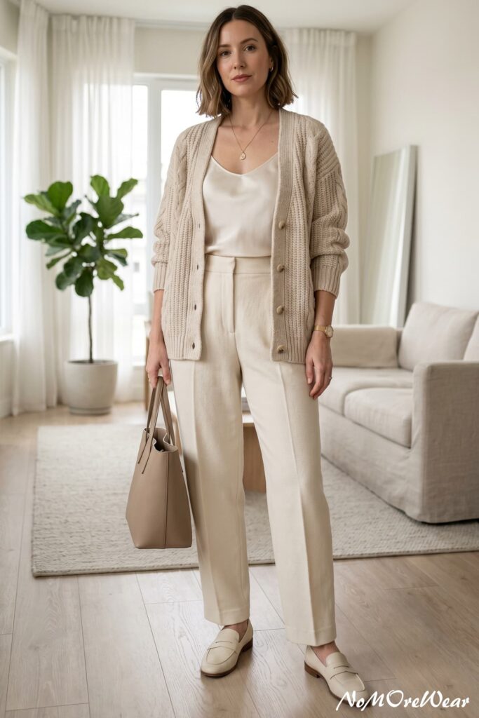 A woman standing in a bright living room modeling a polished minimalist outfit inspiration featuring a cream-colored silk camisole, a chunky ribbed knit cardigan, and tailored cream trousers paired with matching loafers and a taupe leather tote bag.