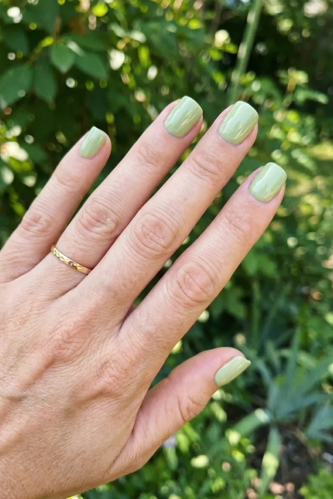 A professional close-up macro photograph focusing on a well-manicured female hand held upright against a vibrant, softly blurred background of lush green garden leaves in bright natural daylight. The short, cleanly shaped square nails are painted with a premium retro pistachio green gel polish that features a smooth, high-shine glossy finish. A delicate, textured slim gold band ring is worn on the ring finger, adding a touch of elegant contrast. The warm sunlight beautifully accentuates the uniform pastel mint-sage tone of the polish, clean cuticles, and realistic skin texture of the hand. The overall composition perfectly highlights a modern "clean girl" botanical beauty aesthetic, ideal for summer nail design ideas, minimalist everyday manicures, and soft earthy fashion capsule inspiration.