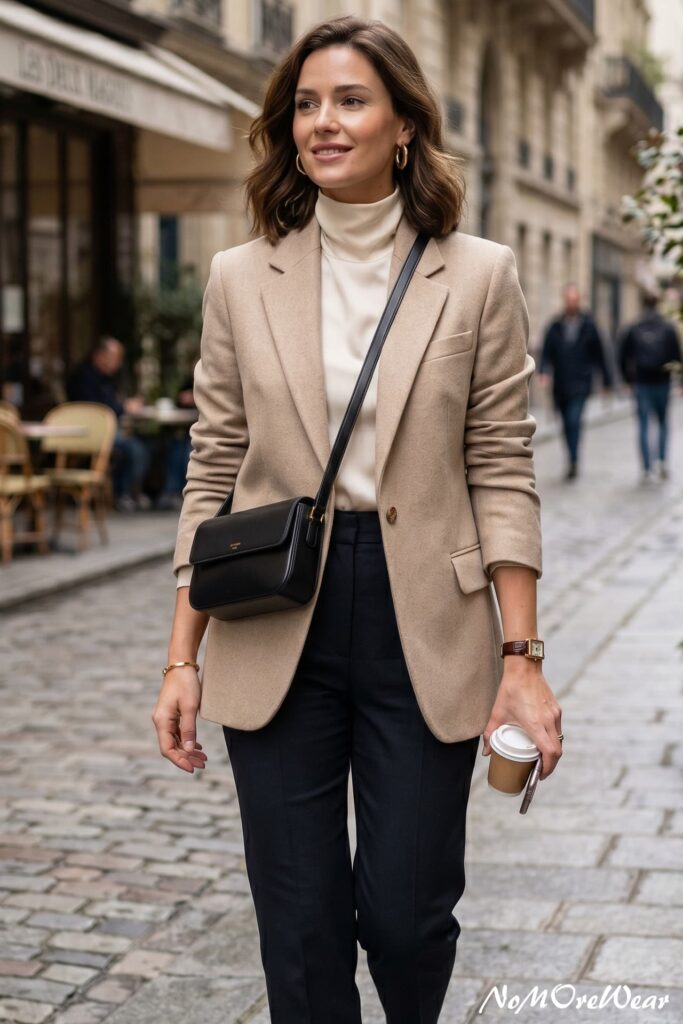 A woman walking on a cobblestone street modeling a chic casual everyday outfit featuring a beige wool blazer, a cream turtleneck, and black trousers, styled with strategic accessories including gold hoop earrings, a classic leather strap watch, and a black leather crossbody bag.