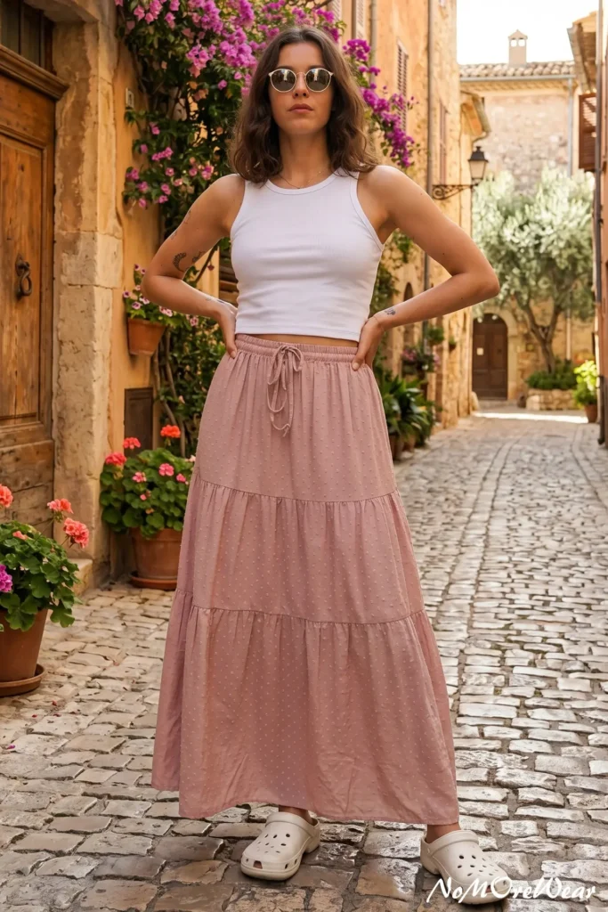 A woman standing on a cobblestone street wearing a dusty pink tiered maxi skirt paired with a simple white ribbed tank top and sunglasses. This effortless maxi skirt combo is set against a charming European-style alley with stone buildings and pink flowers.