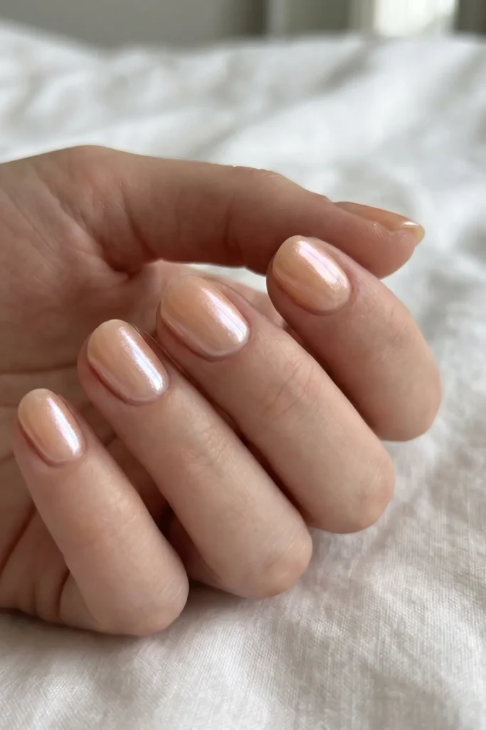 A professional close-up macro photograph focusing on a well-manicured female hand resting gently against a soft, textured white linen background. The short, neatly shaped square-oval nails are painted with a premium glazed apricot shell nail polish, showcasing a subtle, iridescent pearlescent shimmer with a glossy, high-shine chrome finish. The delicate pastel peach and soft orange-pink hue perfectly reflects the light, highlighting the smooth, clean cuticles and realistic skin texture. The overall composition emphasizes a clean-girl luxury aesthetic, perfect for minimalist bridal manicures, elegant everyday nail art trends, and modern neutral capsule beauty inspiration.