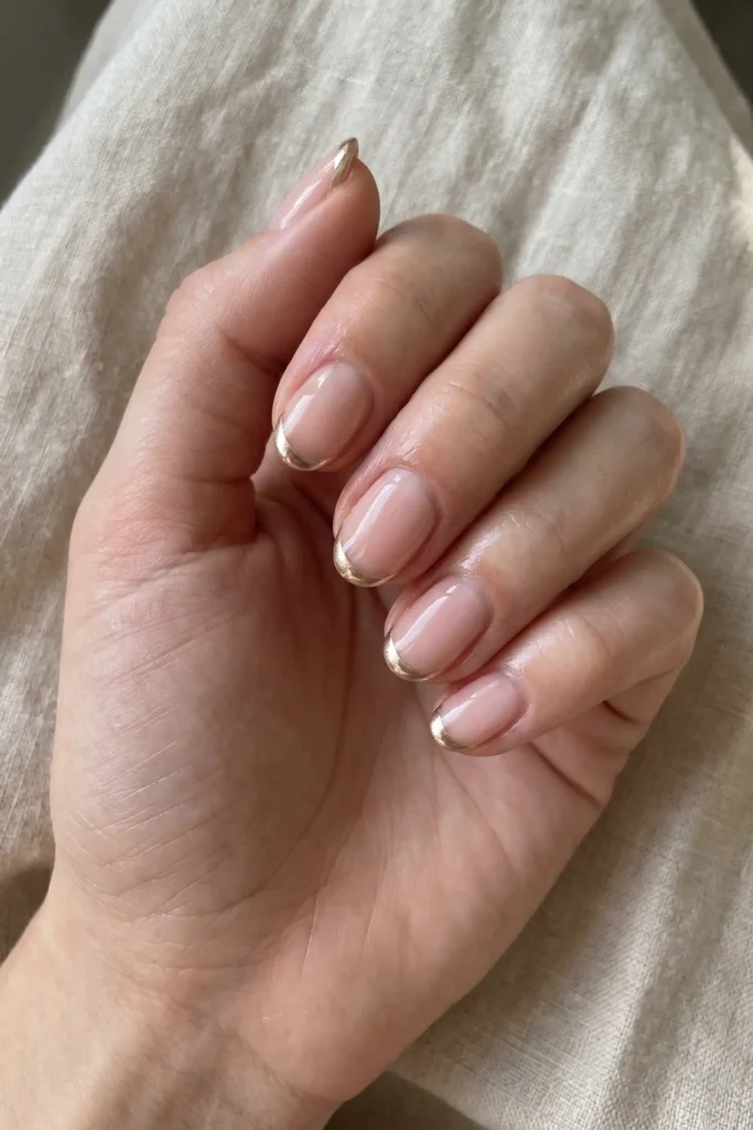 A professional close-up macro photograph showcasing a well-manicured female hand resting gently against a soft, neutral cream-colored linen fabric backdrop. The medium-length oval nails feature a sophisticated and modern twist on a classic manicure, styled with a high-shine, sheer nude base coat and an ultra-thin micro metallic gold French tip. The reflective, polished chrome-gold edges precisely hug the contours of each nail tip, catching the soft ambient light. The image captures smooth cuticles, clean styling, and realistic skin texture. The overall composition projects a refined "quiet luxury" and "clean girl" aesthetic, perfect for modern bridal manicures, upscale minimalist nail art inspiration, and professional everyday corporate style lookbooks.