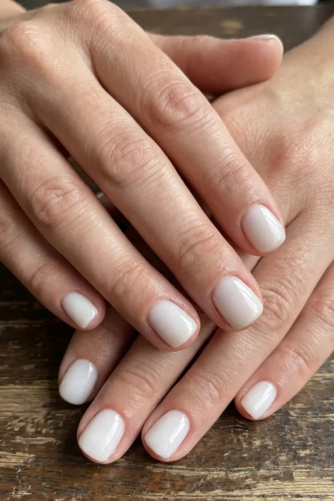 A professional close-up macro photograph showing a woman's well-manicured hands resting elegantly clasped together over a dark, rustic weathered wooden tabletop surface. Her short, clean nails are perfectly shaped into neat square-ovals and coated in a smooth, high-shine milky coconut white gel polish. The semi-translucent, creamy white shade delivers a delicate, opaque finish that looks soft, natural, and modern. The lighting accentuates the glossy top coat reflection, immaculate cuticles, and realistic fine skin textures of the fingers. The overall look perfectly encapsulates a sophisticated "clean girl" minimalist beauty aesthetic, ideal for classic everyday manicures, bridal wedding nail ideas, and quiet luxury seasonal style inspiration.