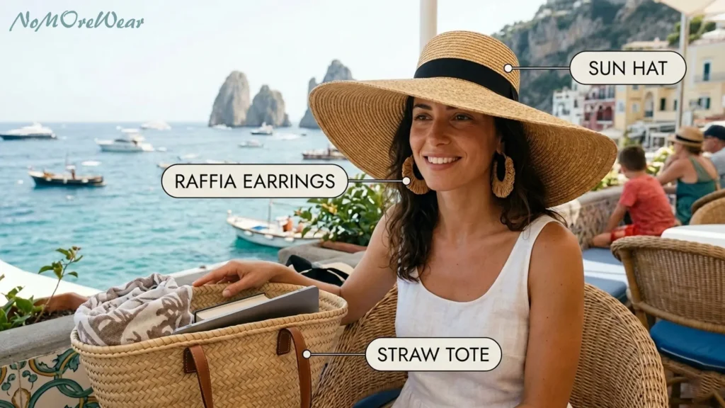 A woman sitting at a coastal outdoor cafe wearing a white linen top and a collection of straw accessories. Labels point to her wide-brimmed straw sun hat with a black ribbon, large textured raffia earrings, and a woven straw tote bag containing a laptop and books. The scenic background shows a blue ocean with rocky cliffs and boats.