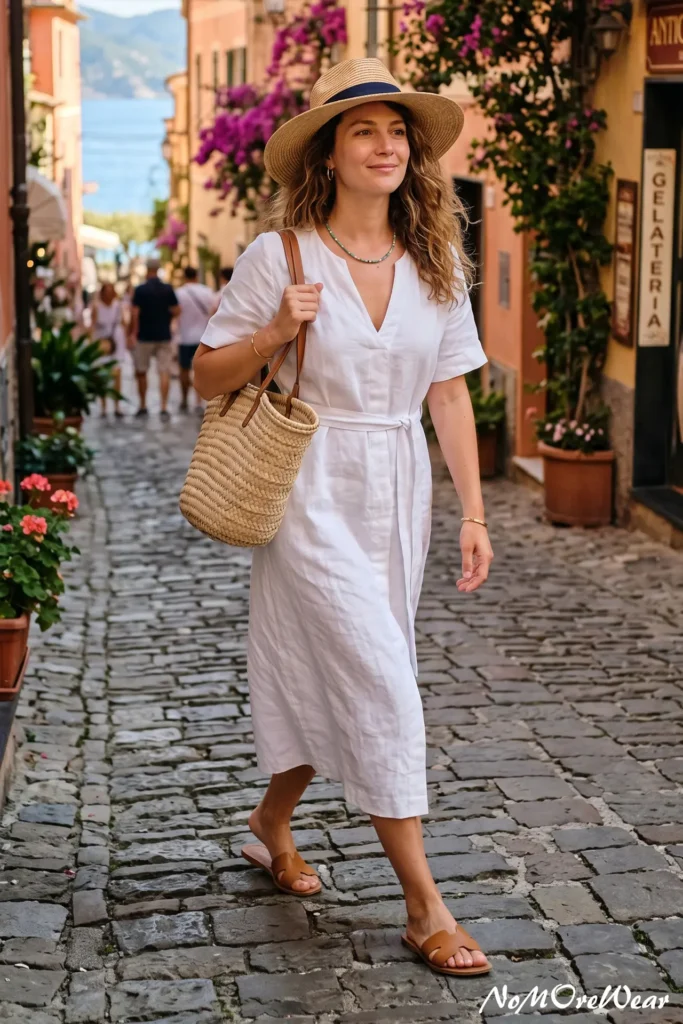 A woman walking down a charming European cobblestone street wearing a crisp white linen midi dress with a belted waist, styled with tan leather slides, a straw sun hat, a woven tote bag, and a pop of color from a turquoise beaded necklace for the ultimate Mediterranean summer outfit ideas for women.