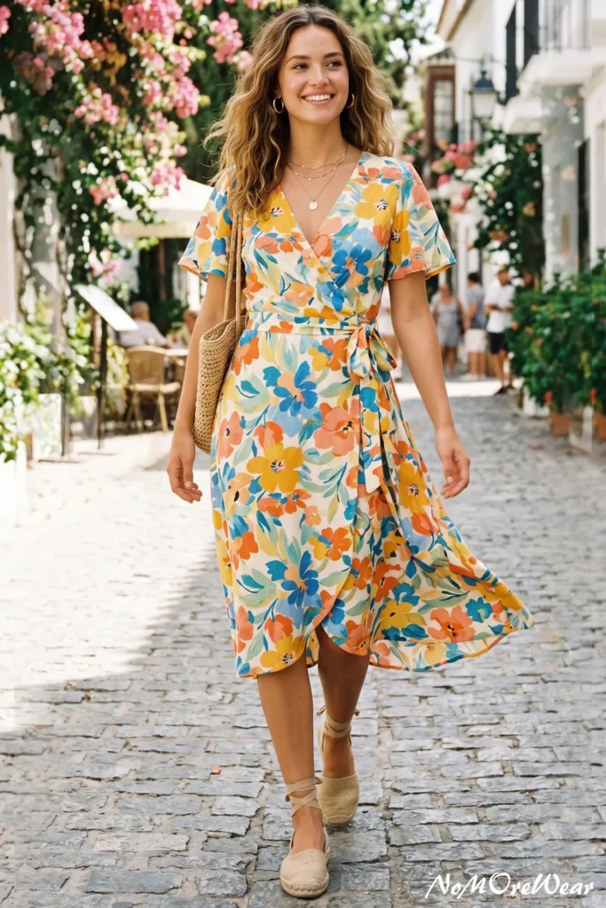 A woman walking on a sunny cobblestone street wearing a vibrant, wrap-style floral sundress with bold yellow, coral, and blue patterns, representing bright summer fashion trends. She has accessorized with simple gold hoop earrings, layered necklaces, a woven shoulder bag, and neutral lace-up espadrilles.