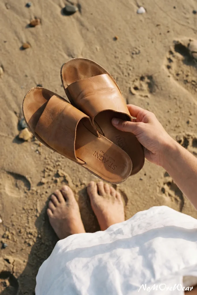 A high-angle close-up shot focusing on a woman's hands holding a pair of classic tan leather slides by the straps. Her feet are bare, stepping on warm, textured sand. The focus is entirely on her hands, the premium leather sandals, and the edge of a white linen dress.