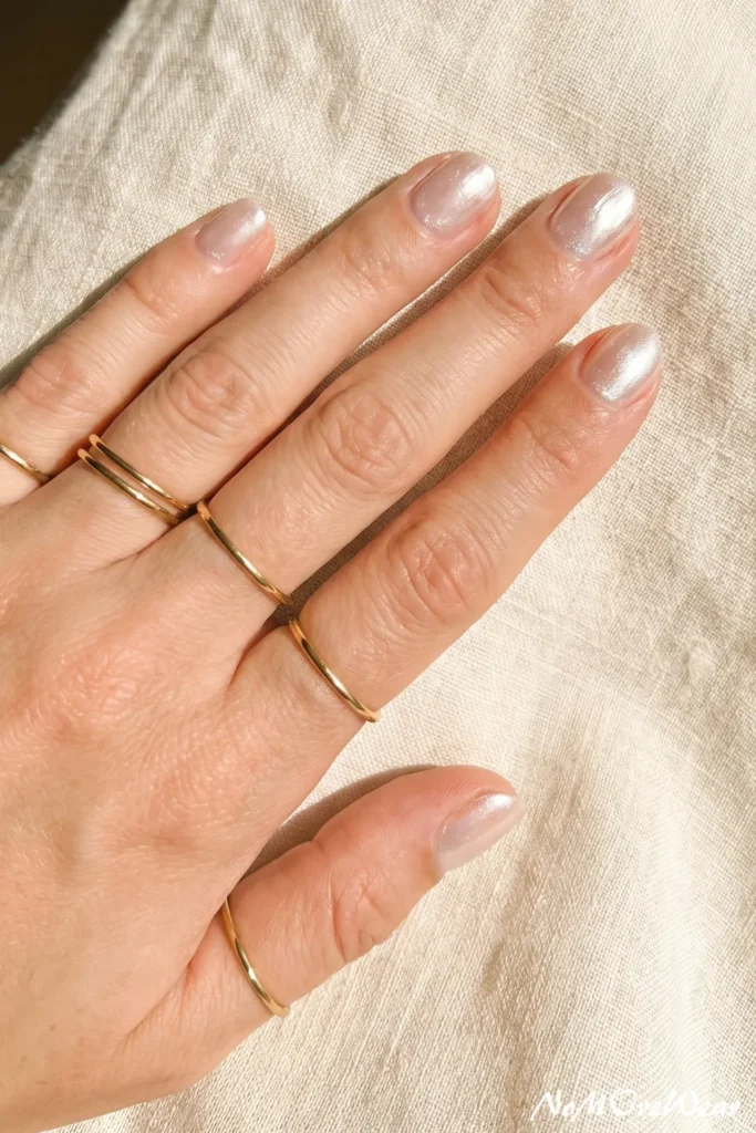 A woman's hand with short oval nails showcasing a pearlescent white chrome nail polish style against a beige linen background.nail arts