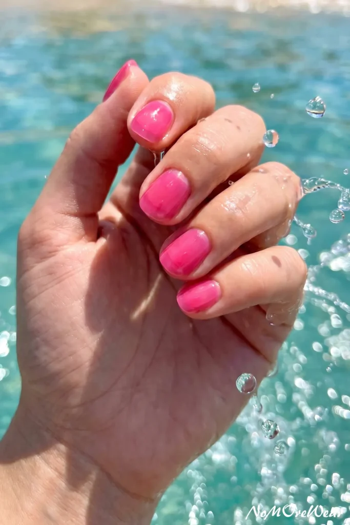 A close-up of a woman's hand catching water drops, showcasing a translucent hot pink jelly manicure on short squoval nails.