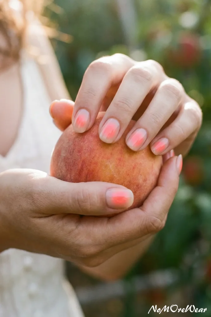 A woman's hands holding a fresh peach, showcasing a trendy neon coral aura nail art design on short round nails.