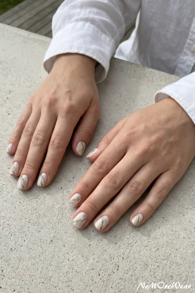 A woman's hands resting on a concrete surface, showcasing a white quartz and green marble nail art design on short oval nails.
