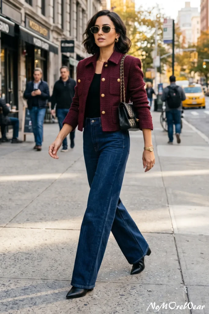 A stylish woman with a dark, wavy bob haircut walks confidently down a busy city sidewalk, as captured in Casual Everyday Outfits 62.webp. She is wearing a structured, cropped burgundy tweed jacket with prominent gold buttons over a tucked-in black top. She pairs it with high-waisted dark blue wide-leg jeans and pointed-toe black leather boots. She carries a classic black quilted leather shoulder bag with a gold chain strap, and finishes her smart casual look with gold hoop earrings, a gold watch, and round wire-frame sunglasses.