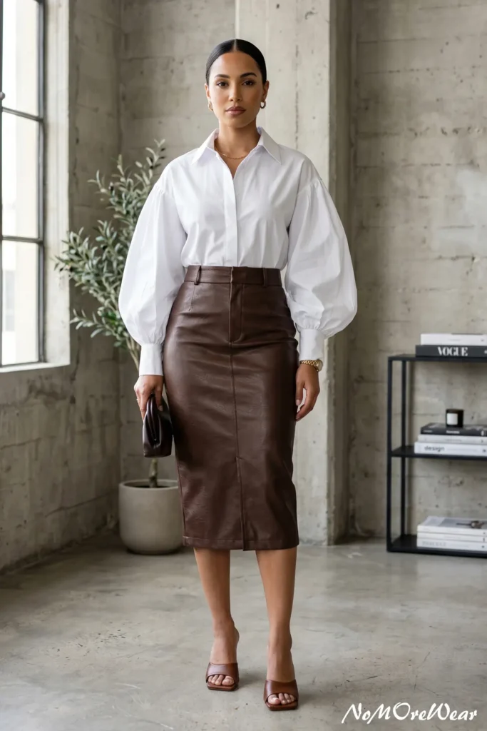 A woman with her dark hair neatly slicked back into a low style poses indoors in a minimalist studio setting with polished concrete floors, as seen in Casual Everyday Outfits 64.webp. She is wearing a crisp white long-sleeved button-down blouse featuring voluminous balloon sleeves and structured wide cuffs. The shirt is tucked into a tailored, high-waisted dark brown textured leather midi pencil skirt with a subtle center seam. She completes the sophisticated corporate look with brown leather open-toe slide sandals, a small dark brown leather clutch bag, a gold chain necklace, gold hoop earrings, and a gold watch.